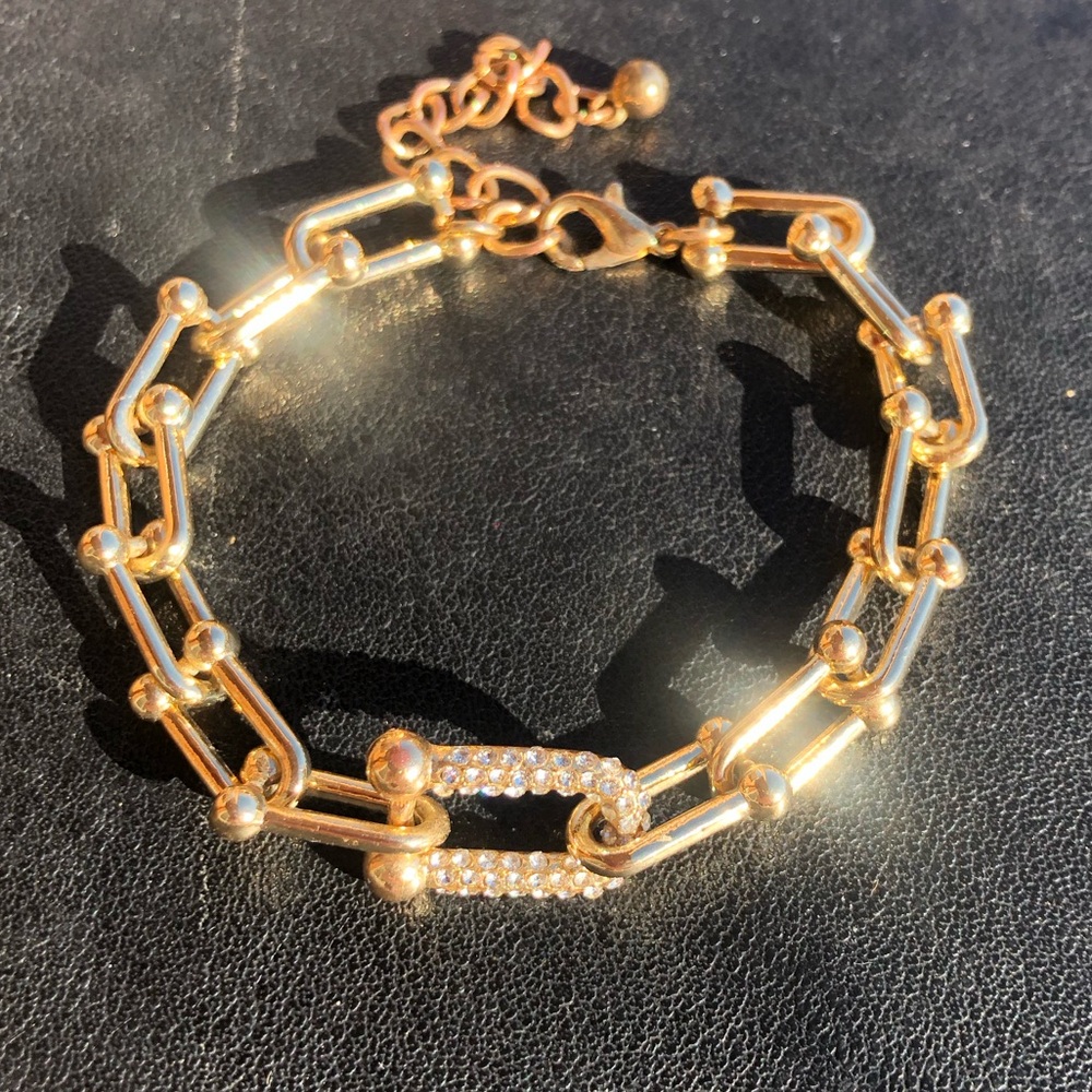 Hardware Gold Tone Chain Rhinestones Pave Link Bracelet Ulink Bling - Picture 2 of 5